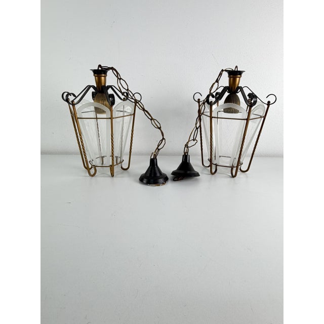 Pendant Lamps in Brass and Murano Glass, 1950s, Set of 2 For Sale - Image 11 of 13