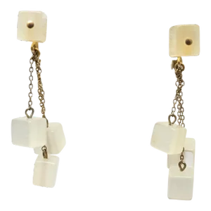 Vintage Signed Napier Goldtone White Iridescent Cube Dangles Clip Earrings - 2 Pieces