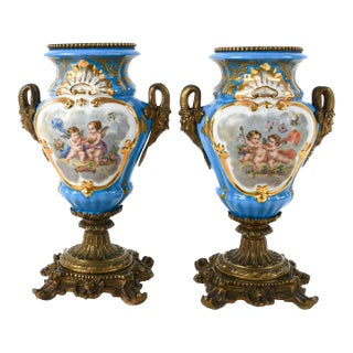 Antique Pair of French Ormolu Mounted Sèvres Vases For Sale