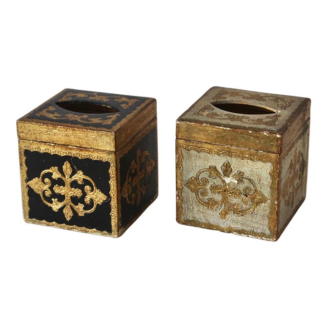 Vintage Hand-Made Italian Florentine Tissue Box Cover Gold White Black Mid-Century- A Pair For Sale