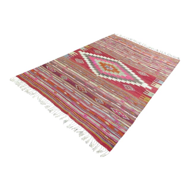 1960s Aztec Design Vintage Kilim Rug - 80"x124" For Sale