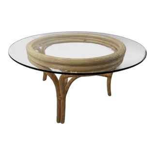 Vintage 1970s Pencil Reed Rattan Dining Table With 54” Glass Top For Sale