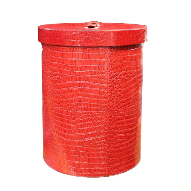 Contemporary Leather Vinyl Cover Red Round Bucket Container Box Large For Sale - Image 3 of 6
