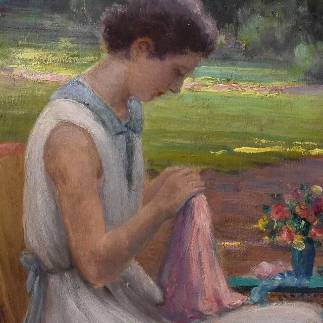 Henri-Charles Angéniol, Young Woman Sewing in the Garden, Oil on Wood, 20th Century, Framed For Sale - Image 3 of 10