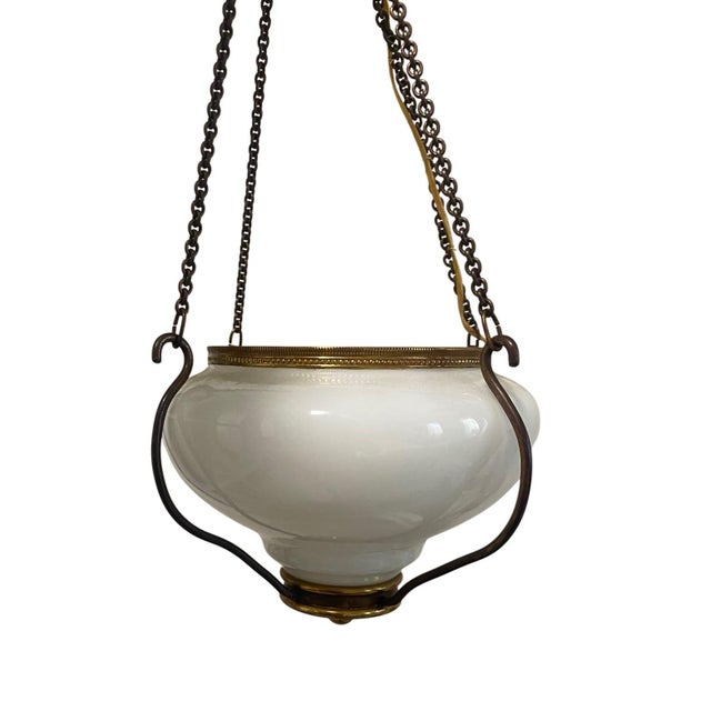 16” tall including the chain 9” globe diameter Vintage Ceiling Light Fixture 4 Chain Hanging Globe Dutch Colonial