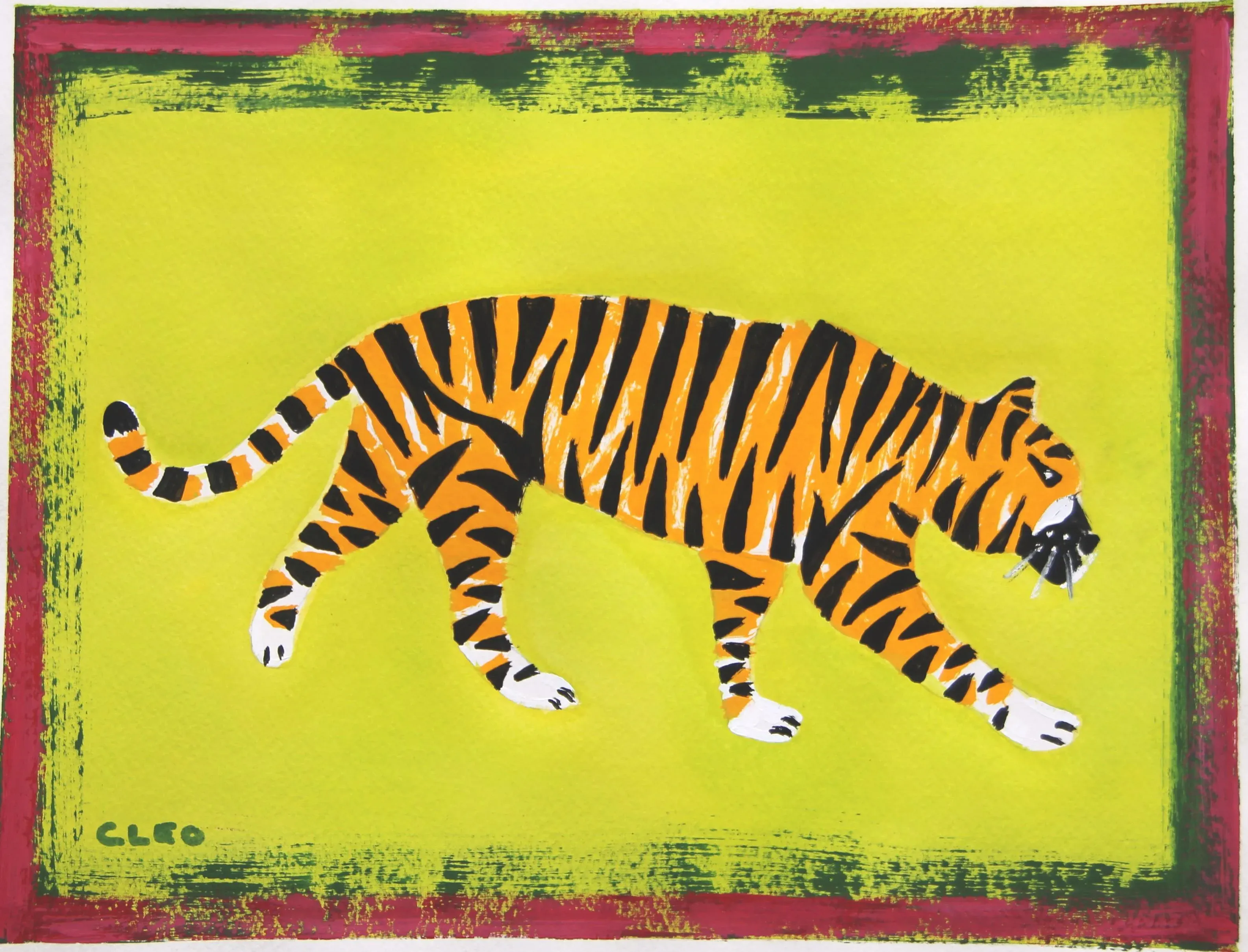 Golden Tiger in Yellow-Green With Border, Expressionism Pop Art