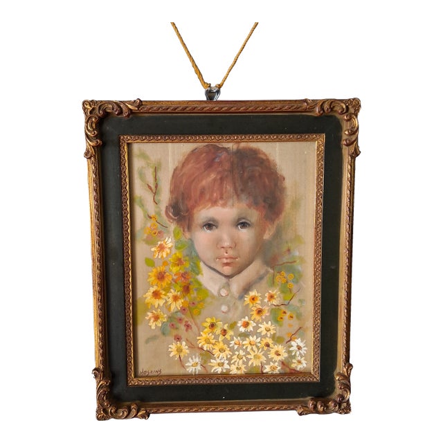Nadine Campbell Hoskins Oil Portrait of a Child With Flowers C. 1960s For Sale