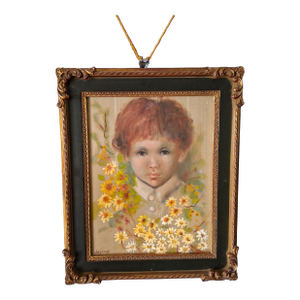 Nadine Campbell Hoskins Oil Portrait of a Child With Flowers C. 1960s