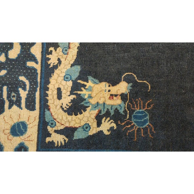 Textile 1890s Navy Blue Dragon Medallion Antique Chinese Ningxia Carpet 6' X 8' 8'' Wool Knotted Rug For Sale - Image 7 of 8