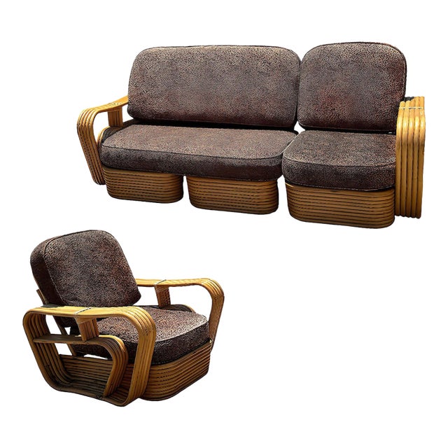 Restored Five-Strand Streamline Square Pretzel Rattan Sofa & Chair Set For Sale
