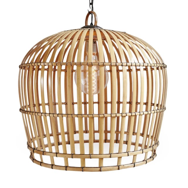 Hand crafted bamboo strip basket pendant lantern. Comes with 3' black hanging chain and ceiling canopy. 100 watt max; bulb...