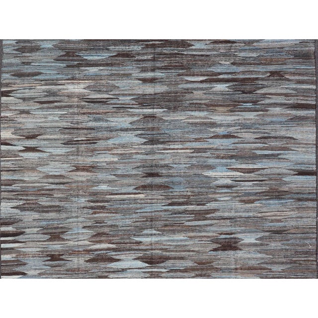Modern Flatweave Kilim in Wool With Sub-Geometric Diamond Design in Blue and Charcoal For Sale - Image 12 of 13