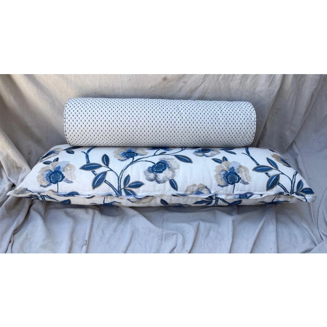 Contemporary Blue Floral & Check Print Extra Long Lumbar Decorative Pillows- Set of 2 For Sale - Image 9 of 9
