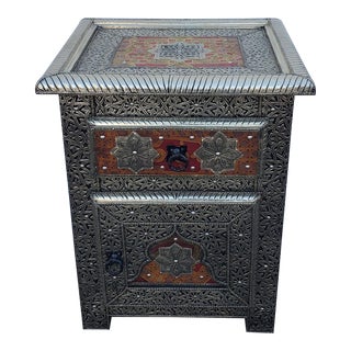 Handmade Metal Inlaid and Stained Leather Moroccan Nightstand For Sale