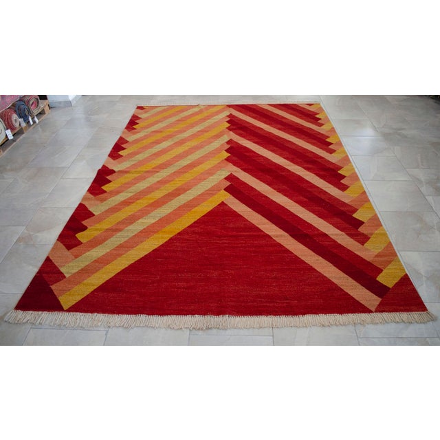 Modern Geometric Handmade Turkish Rug Kilim Chevron Oushak - 7x10 Ft Approx For Sale - Image 12 of 14