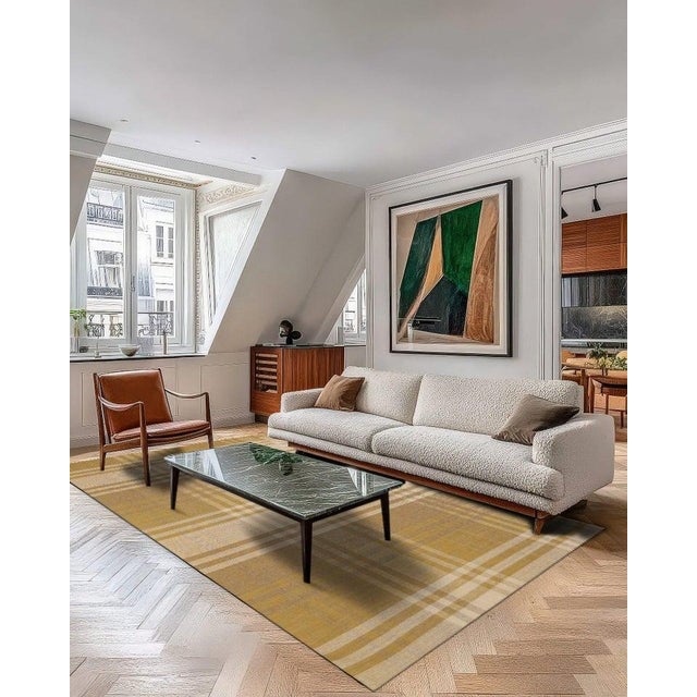 Textile 9x12 Yellow Hand-Knotted Wool Golden Plaid Weave Geometric Modern Carpet Rug For Sale - Image 7 of 9