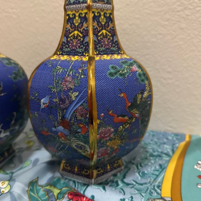 Blue Pair of Vintage Chinese Famille Rose Hexagonal Vases For Sale - Image 8 of 12