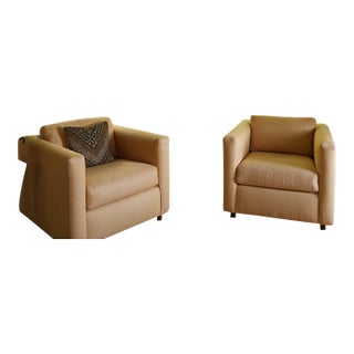 Pair of Contemporary Linen Upholstered Cubic Club Chairs For Sale