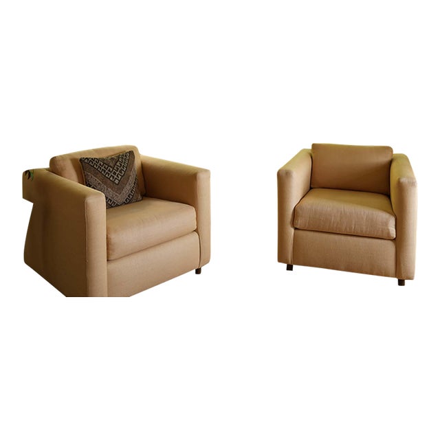 Pair of Contemporary Linen Upholstered Cubic Club Chairs For Sale
