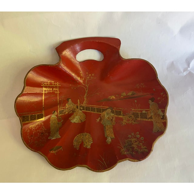 Exquisite example of late 19th Century Chinese artistry. Large papier-marche scallop shell catchall in traditional red...