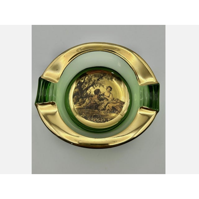 Vintage Italian Romeo & Juliet Ashtray Trinket Dish Green Glass With Gold 1950 For Sale - Image 9 of 12