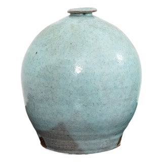 Mid Century Modern Round Vase Pot Teal Glaze Studio Ceramic Blue Weed Vintage For Sale