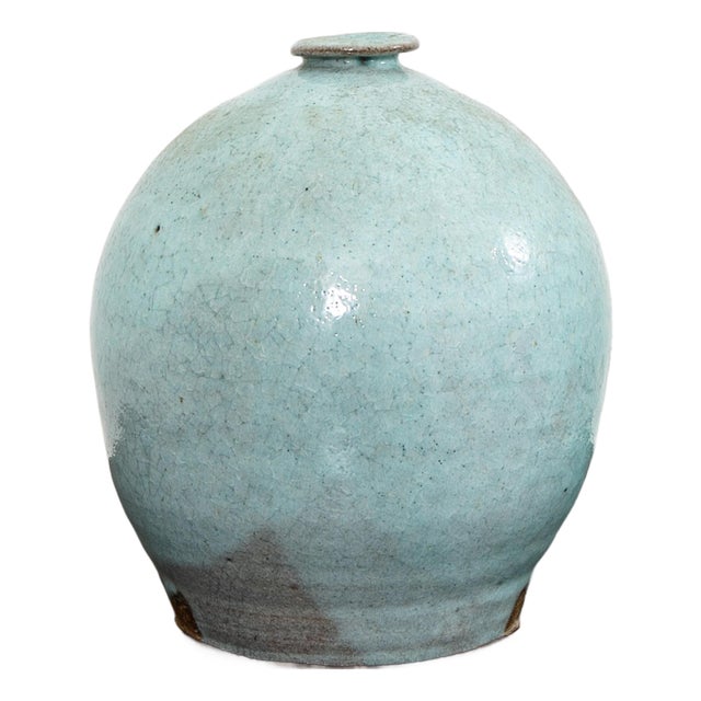 Mid Century Modern Round Vase Pot Teal Glaze Studio Ceramic Blue Weed Vintage For Sale