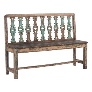 Vintage Indian Painted Teakwood Bench For Sale