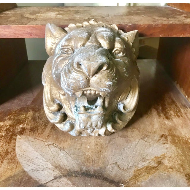 Vintage Sculptural Gold Concrete Lion Head Wall Fountain Garden Plaque