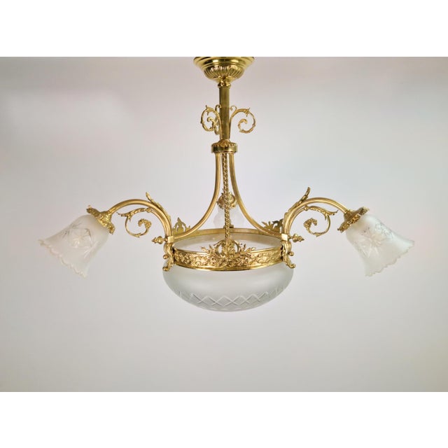 Metal Antique Art Deco Glass and Bronze Chandelier, France, 1930s For Sale - Image 7 of 14