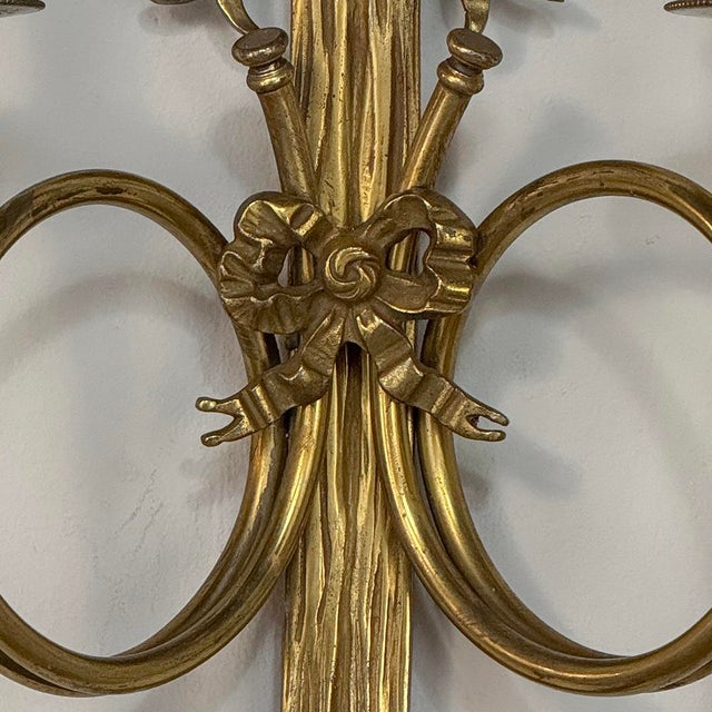 Pair Antique French Louis XVI Neoclassical Cast Brass Wall Sconces For Sale - Image 11 of 12