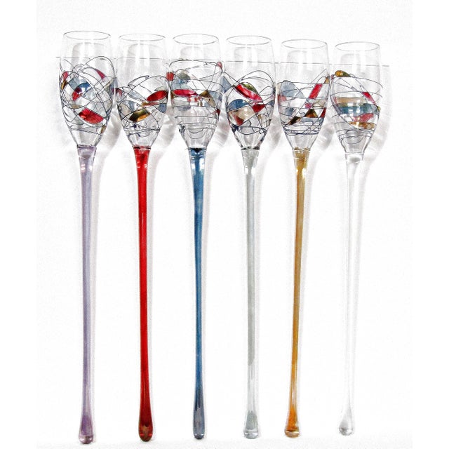 Glass Vintage French Style Hand Blown Art Glass Long Stem Champagne Flutes With Matching Vase - 7 Piece Set For Sale - Image 7 of 14