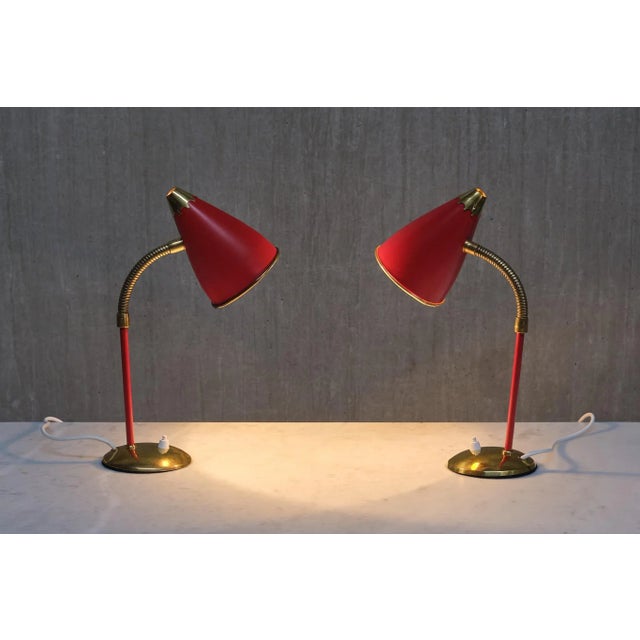 Vintage Norwegian Adjustable Table Lamps in Red Metal and Brass, 1960s, Set of 2 For Sale - Image 15 of 17