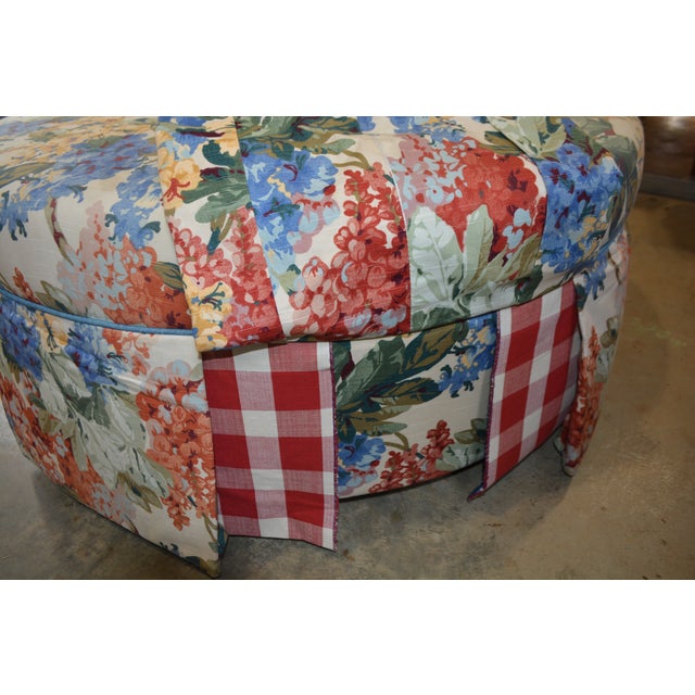 1990s Round Colorful Blue Pink Yellow Floral Cocktail Ottoman For Sale - Image 4 of 10