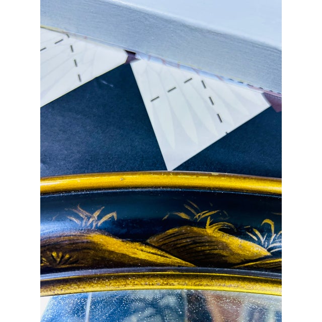 Oversized Black & Gold Lacquer Hand-Painted Chinoiserie Round Mirror 36 Inch Diameter For Sale - Image 4 of 13
