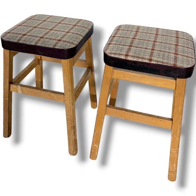 Mid-Century Stools in Oak with Tweed Upholstered Seats, Set of 2 For Sale - Image 6 of 9