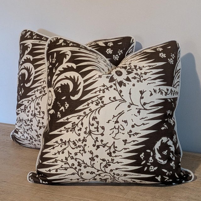 Quadrille Les Indiennes Brown on Tint Pillows With Cream Cord- Pair Double Sided For Sale - Image 4 of 6