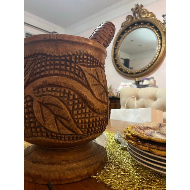 Hand Carved Vintage Detailed Wooden Mortar and Pestle For Sale - Image 4 of 12
