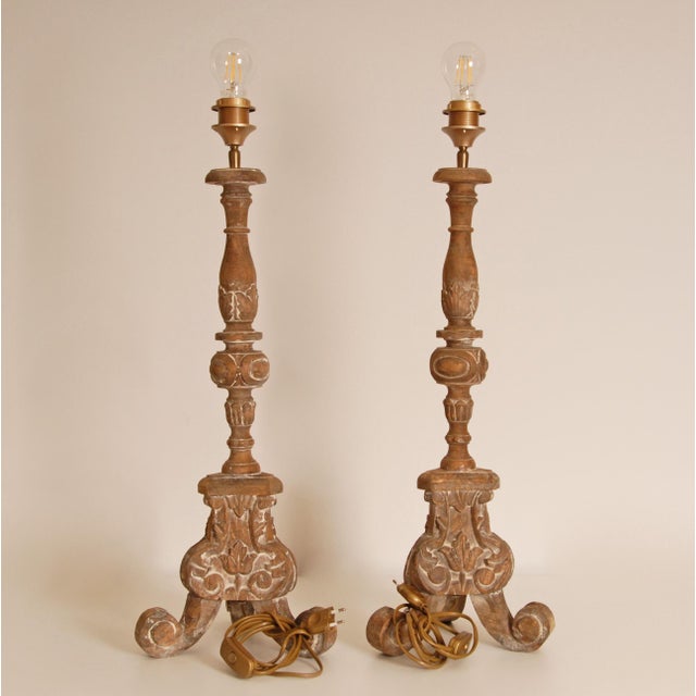 Vintage French Country Lamps Carved Wood a Pair For Sale - Image 9 of 12