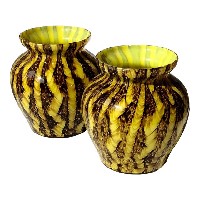 Pair Vintage 30s/40s Czech Spatter Glass Franz Welz Posy Vases For Sale