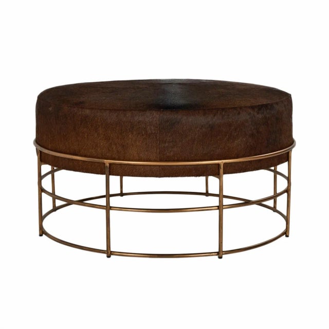 Bronze Iron & Cow Hide Round Ottoman For Sale - Image 4 of 7