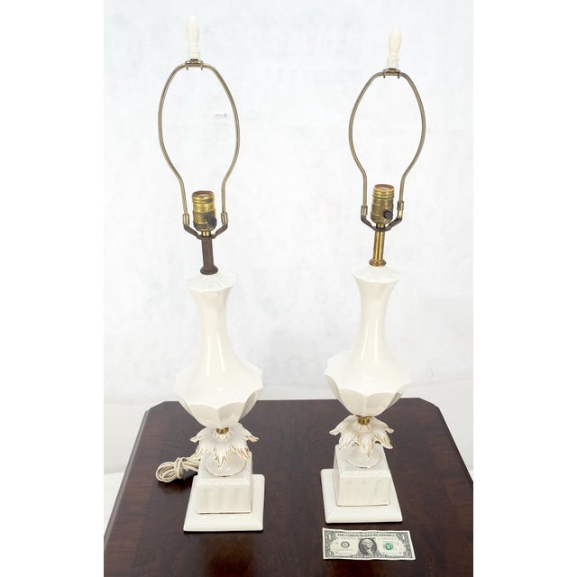 Pair of Off White Ceramic c1960s Lotus & Vase Style Table Lamps MINT