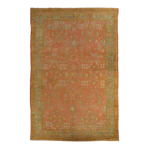 Antique Oushak Oriental Handmade Saffron, Light Blue & Coral Rug