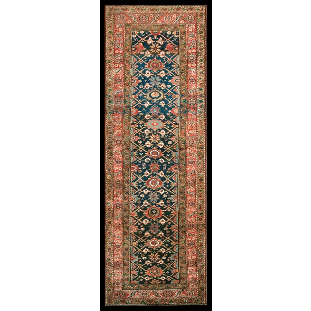 1890s Navy Blue Geometric Tribal Antique Persian Kurdish Rug 3'6" X10'6" Knoted Wool Carpet For Sale - Image 9 of 9