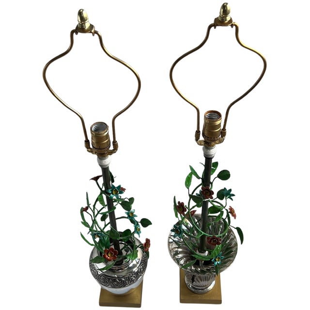 Vintage Tole Floral Topiary Silver Plate Cache Pot Table Lamp - A Pair For Sale - Image 17 of 18