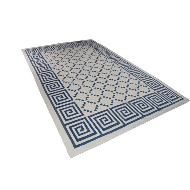 Modern VTG Blue & White Geometric Greek Key Cotton Flatweave Kilim Area Rug Carpet 6x9' For Sale - Image 3 of 8