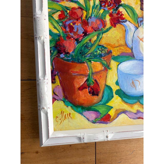1980s Vintage Carole Flagg Still Life in New Bamboo Style Wood Frame For Sale - Image 5 of 5