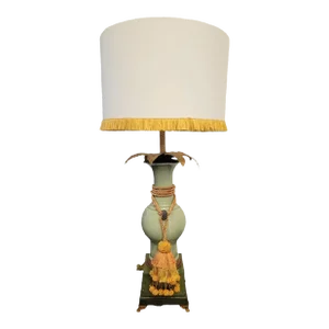 Massive Vintage Customized Ceramic Ginger Jar Faux Malachite Palm Tree Tassel Mint Green Table Lamp
