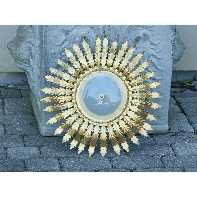 Metal Mid 20th century Spanish Gilt Metal Semi-Flush Sunburst Light Fixture with Star Motifs For Sale - Image 7 of 12