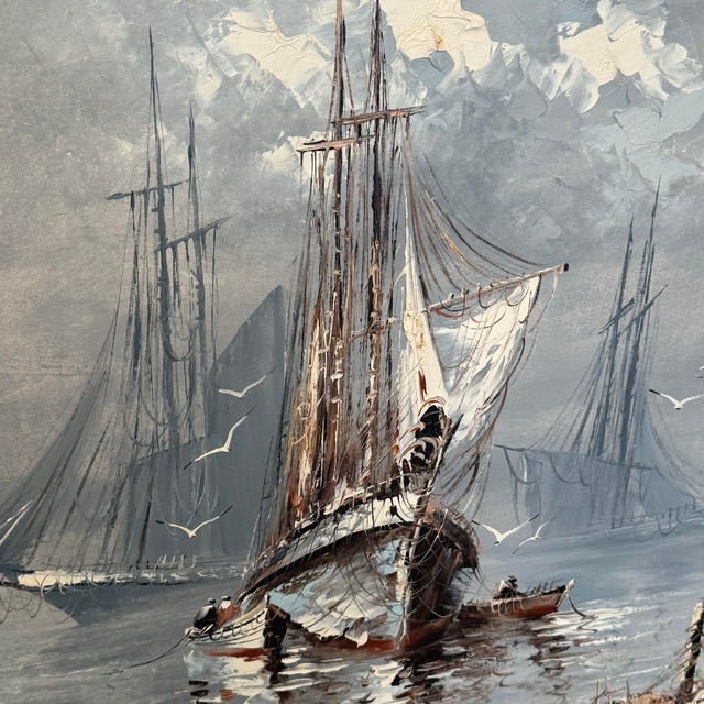 Large Vintage Nautical Oil Painting by B. Wilder - Coastal Ship Scene 48" X 36" For Sale - Image 4 of 9